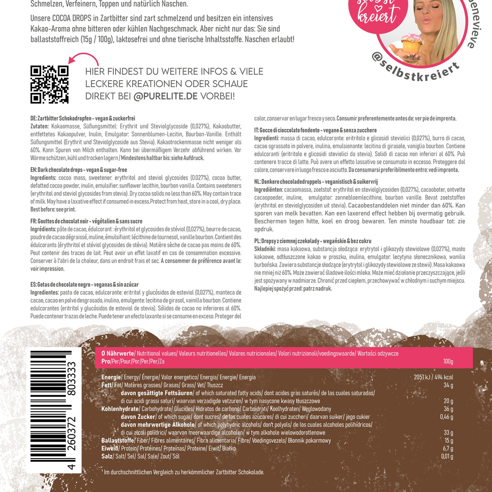 
                  
                    Schokodrops zuckerfrei – ballaststoffreiche und proteinreiche Zartbitterschokolade.
                  
                